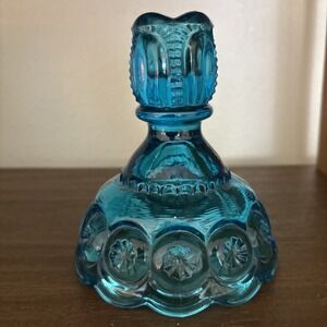 Vintage L.E. Smith Moon and Stars Candlestick Holder, Blue Glass, 4.5"